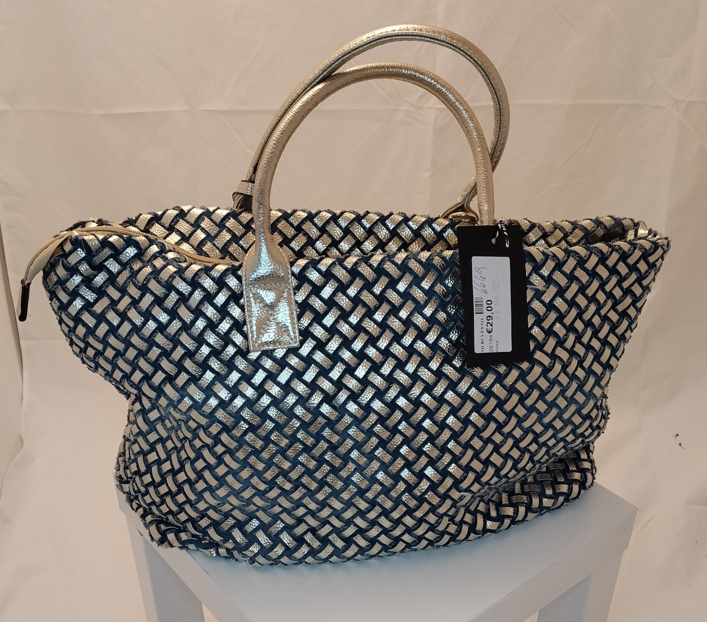 Borsa intrecciata argento e blu grande – Shopper elegante fashion