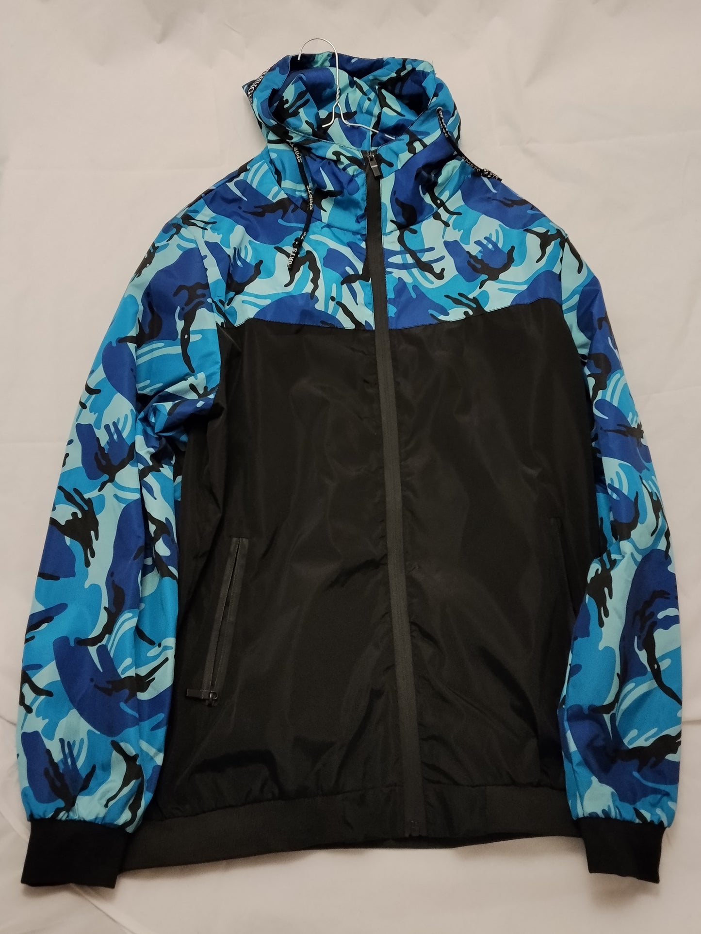 Giacca a vento uomo XL camouflage blu con cappuccio – giubbotto sportivo leggero