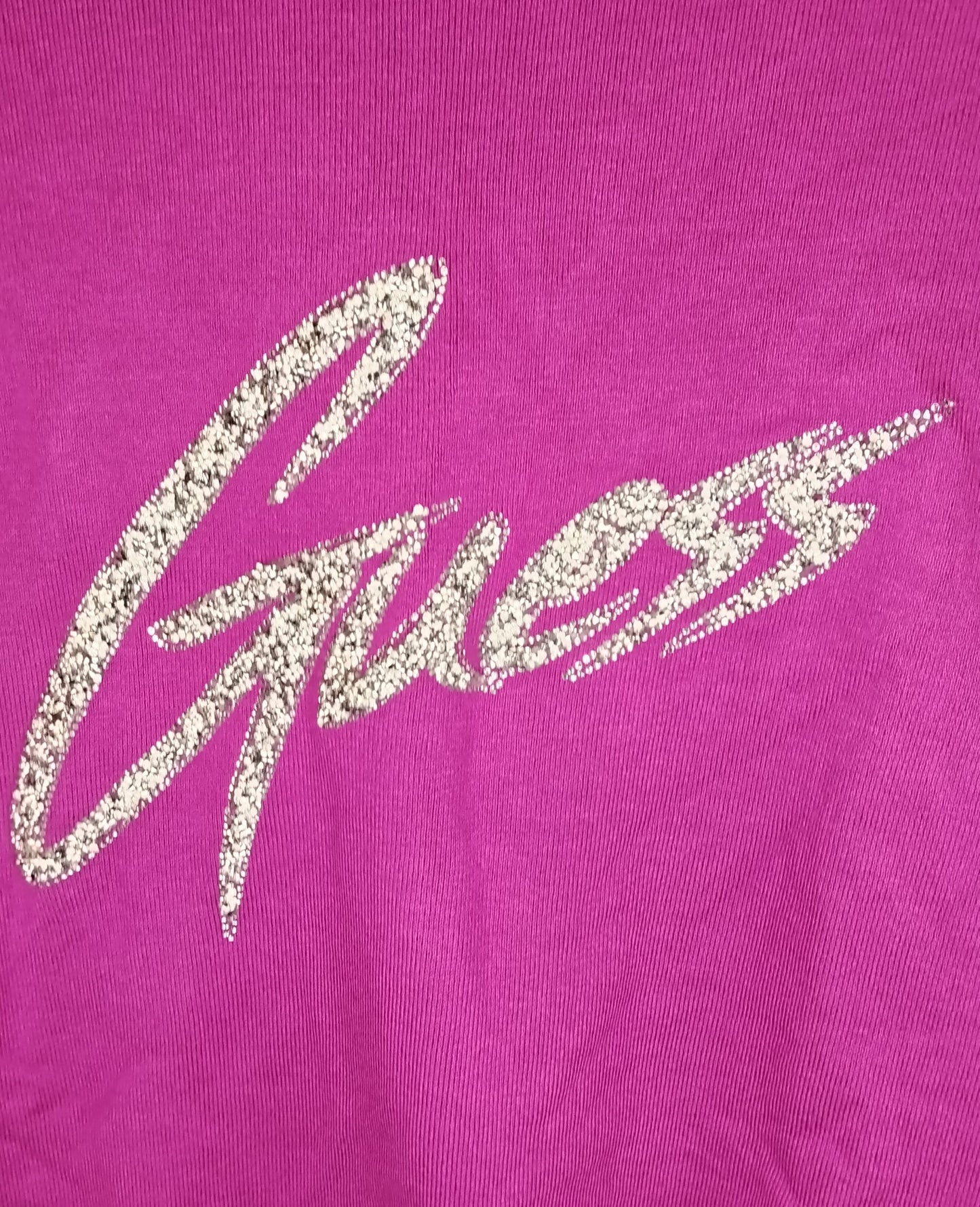Maglia Donna Guess Fucsia Logo Glitter Mezza Manica Taglia XS