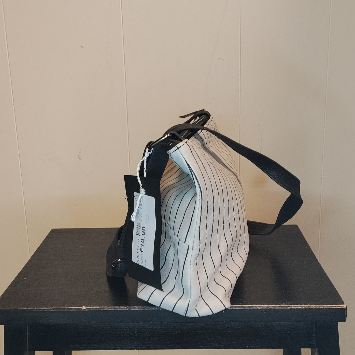 Borsa Donna Bianco Nero Righe con Tracolla e Manici Doppi