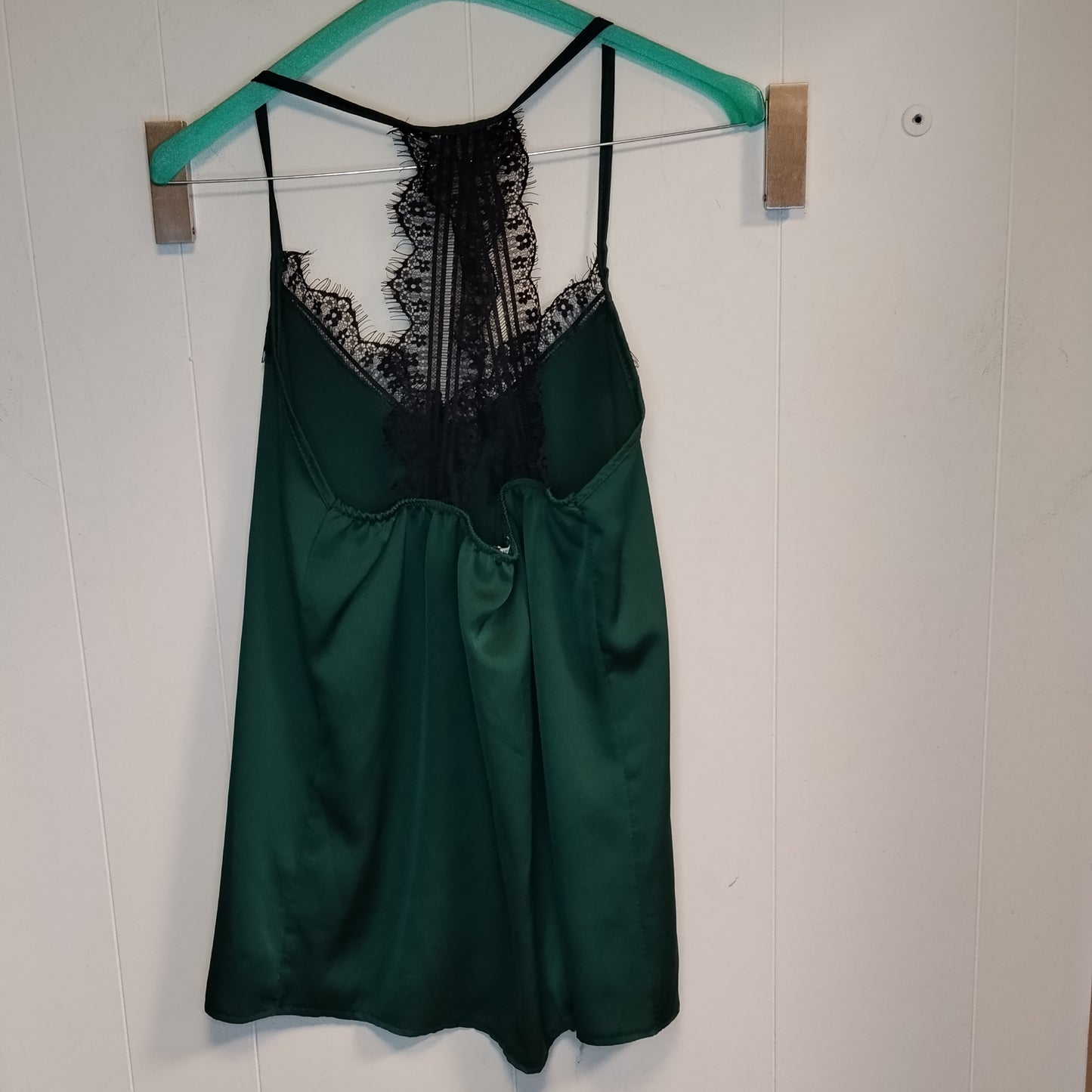 Top Lingerie Donna Verde Satinato con Pizzo Nero Taglia M