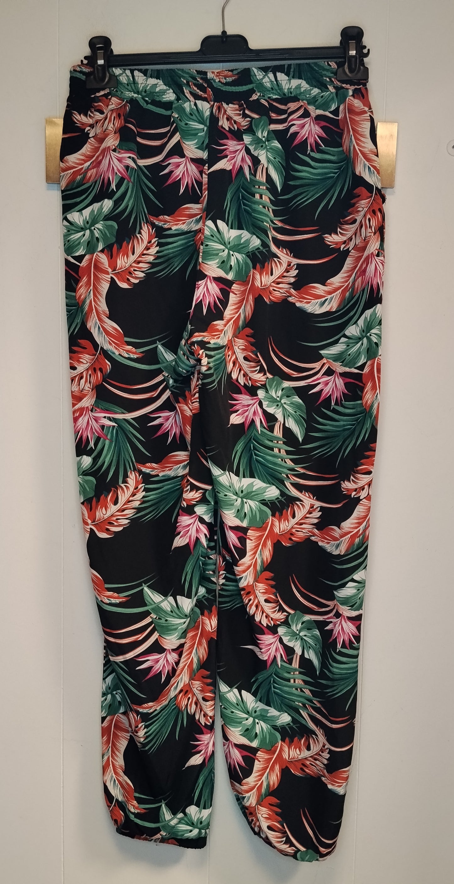 Pantaloni Donna Fantasia Tropicale Neri Taglia L Vita Elasticizzata