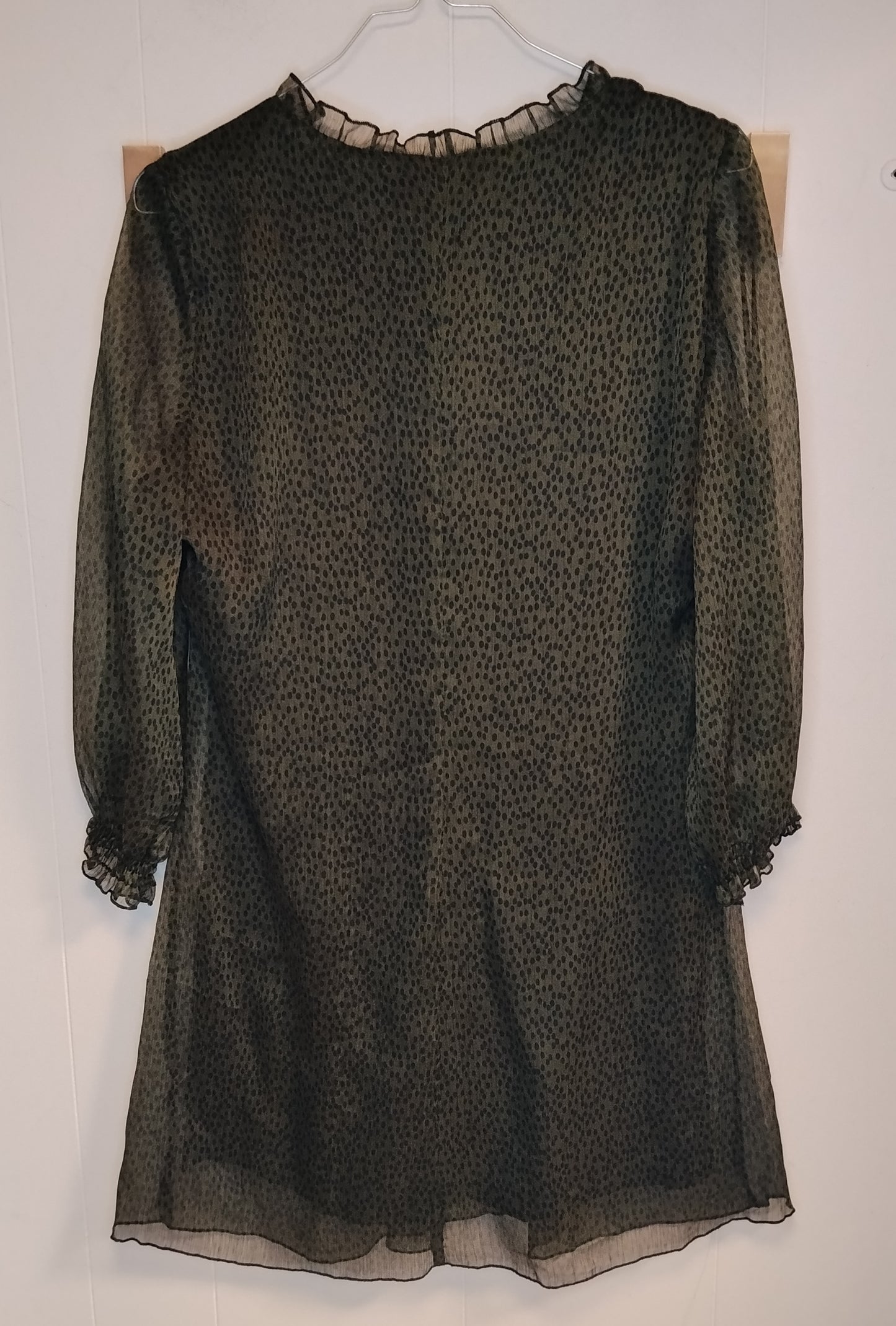 Vestito Zara Donna Verde Militare Pois Taglia M Abito Chiffon Manica Lunga
