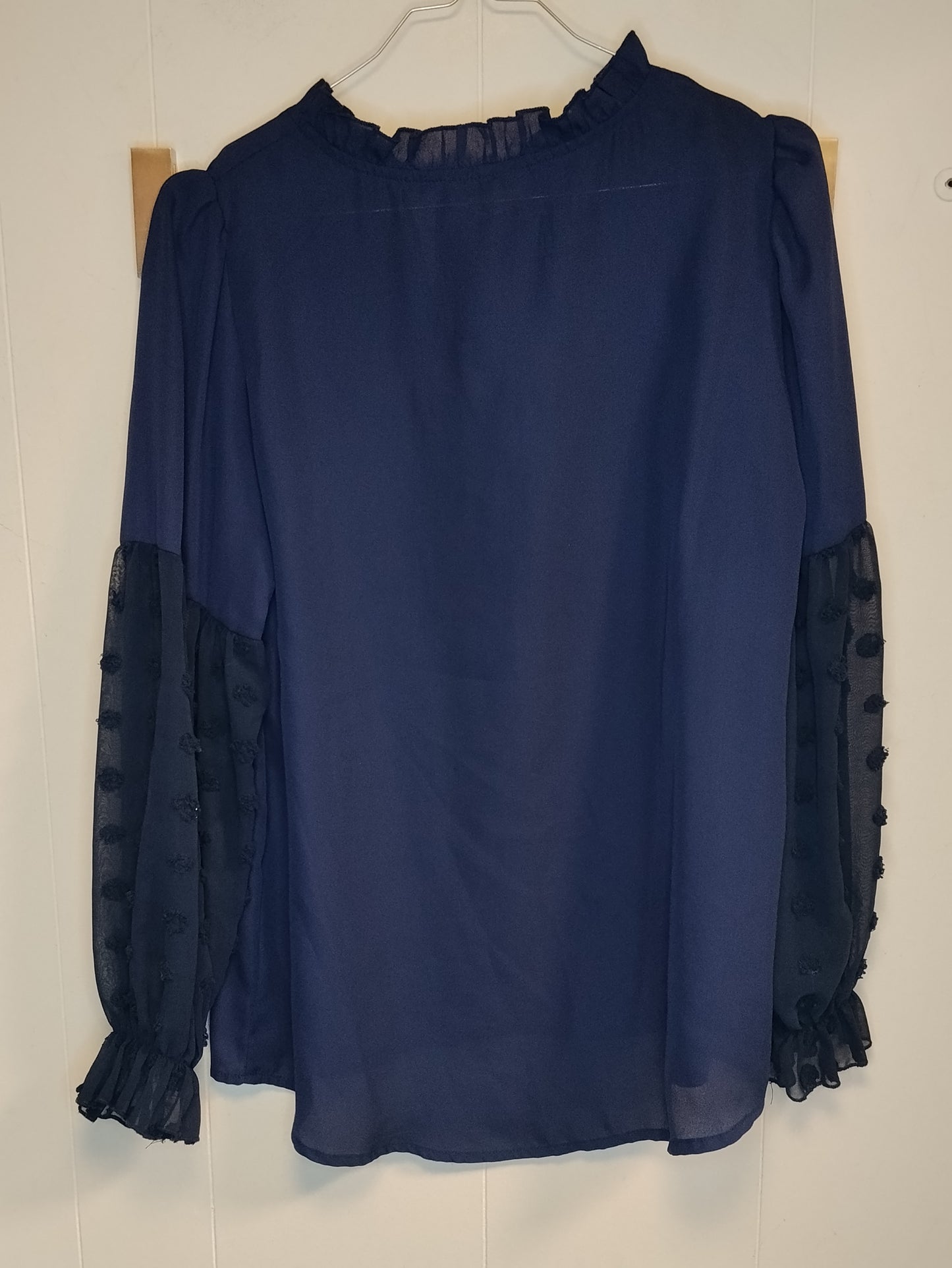 Blusa Donna Blu Navy Maniche Trasparenti in Tulle Ricamato Taglia M