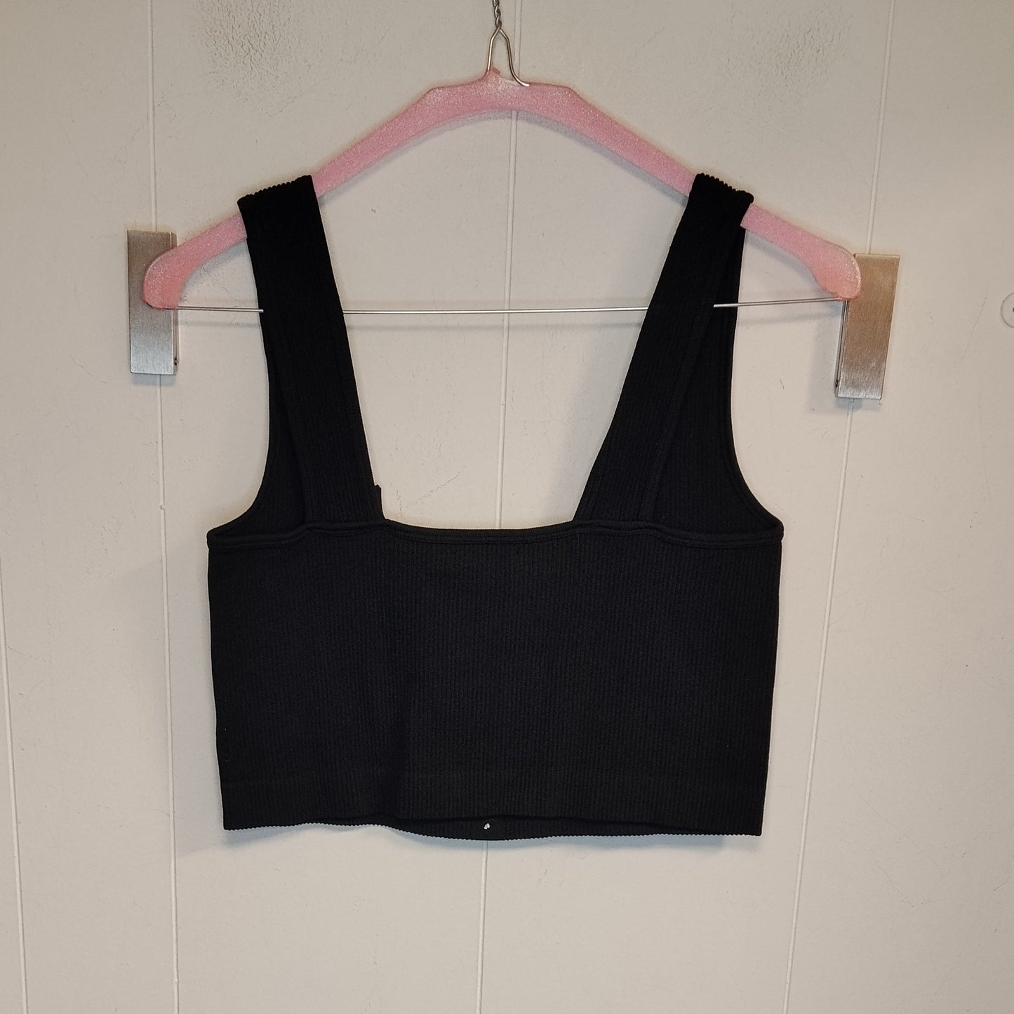Top Crop Donna Stradivarius Nero a Coste Taglia L con Bottoni Frontali