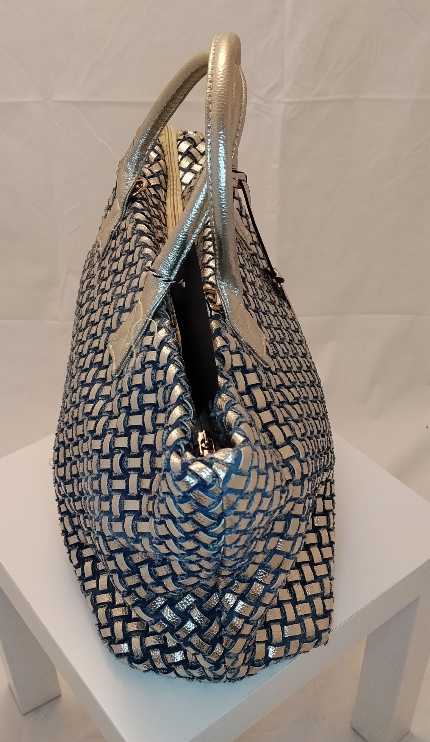 Borsa intrecciata argento e blu grande – Shopper elegante fashion