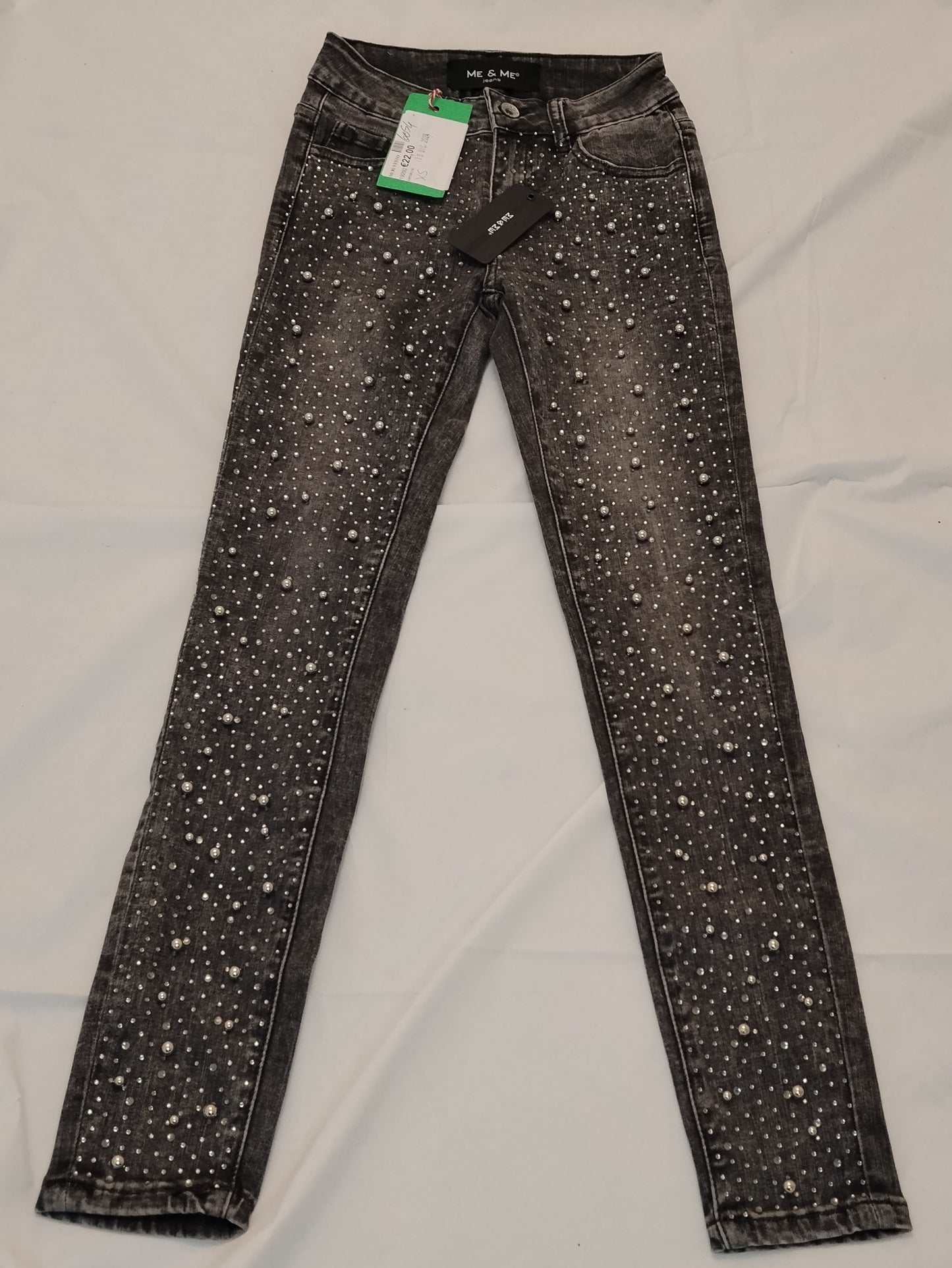 Jeans Donna Me & Me Grigio con Strass e Perle Taglia XS Pantaloni Skinny Nuovi con Cartellino