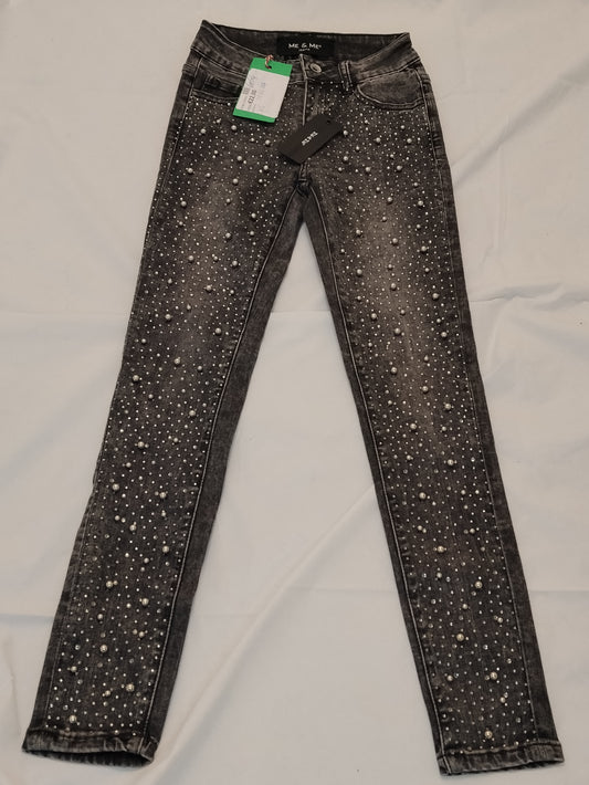 Jeans Donna Me & Me Grigio con Strass e Perle Taglia XS Pantaloni Skinny Nuovi con Cartellino