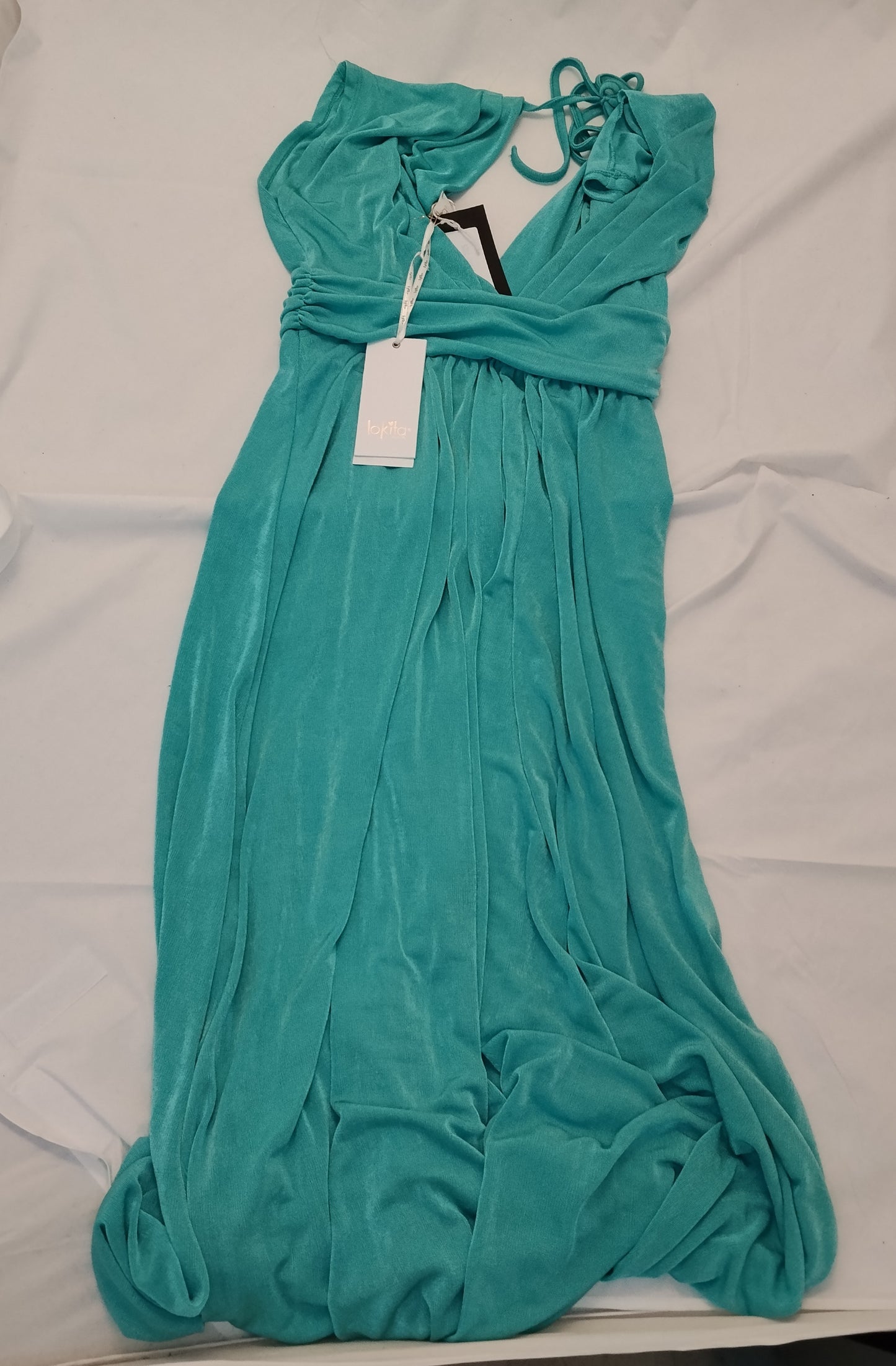 Abito Lungo Donna Lokita Turchese Elegante Scollo Profondo Taglia S Nuovo con Cartellino