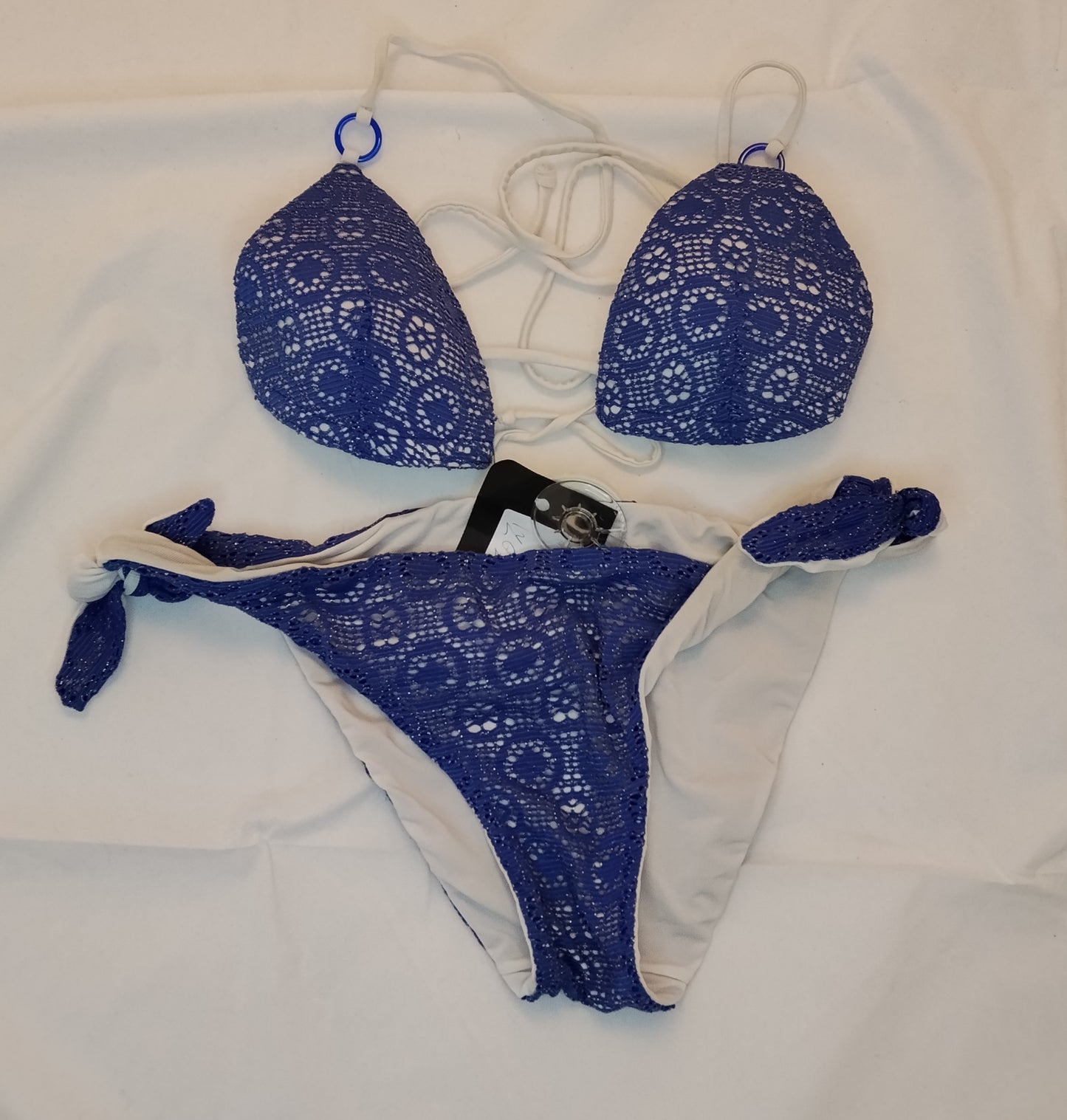 Bikini Donna Blu e Bianco Effetto Pizzo Triangolo con Slip Laccetti Taglia Seconda