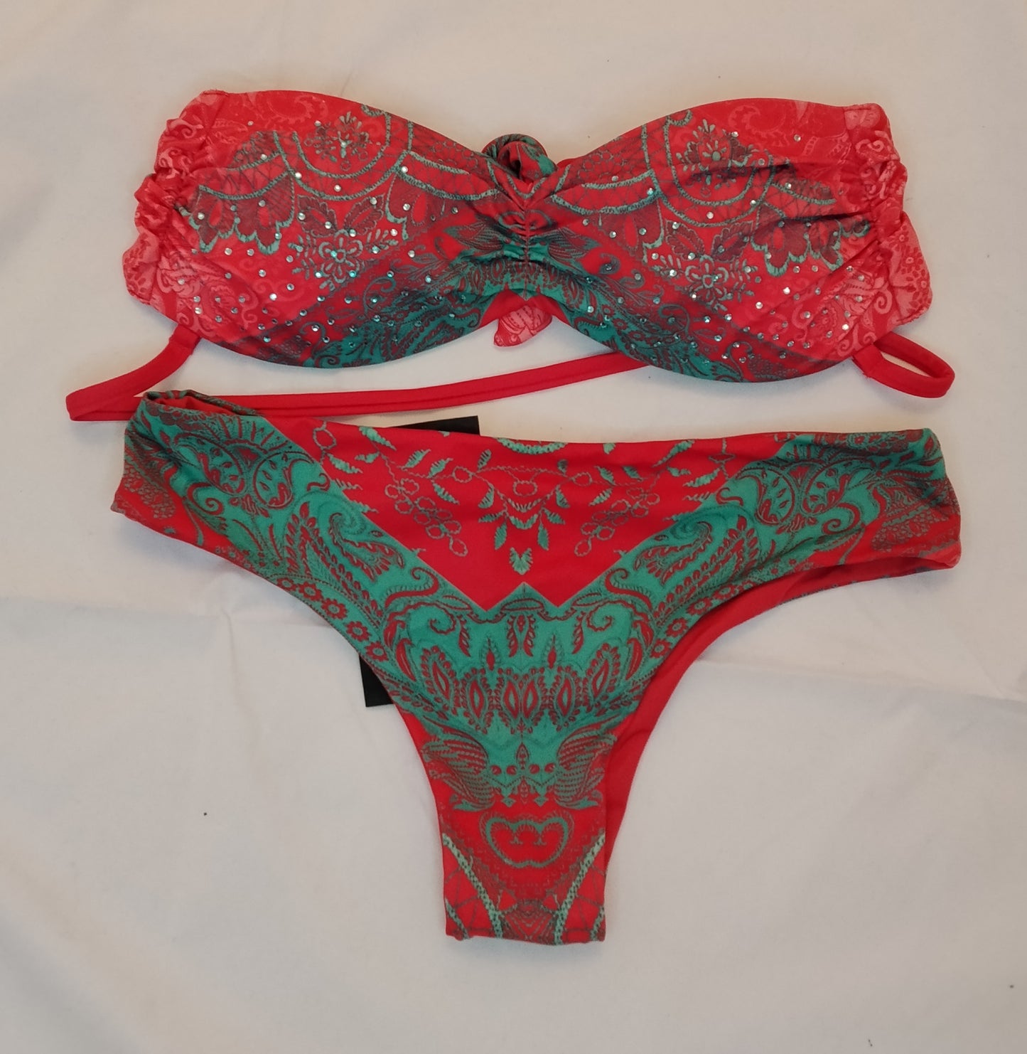 Bikini Donna Golden Point Rosso e Verde Fantasia Arabesque Taglia Seconda