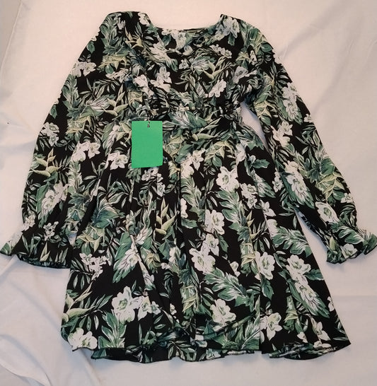 Vestito Donna Floreale Nero Verde Manica Lunga Svasato Taglia XL