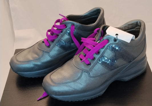 Hogan Sneakers Donna Taglia 37.5 Grigio Antracite con Lacci Viola Scarpe Originali