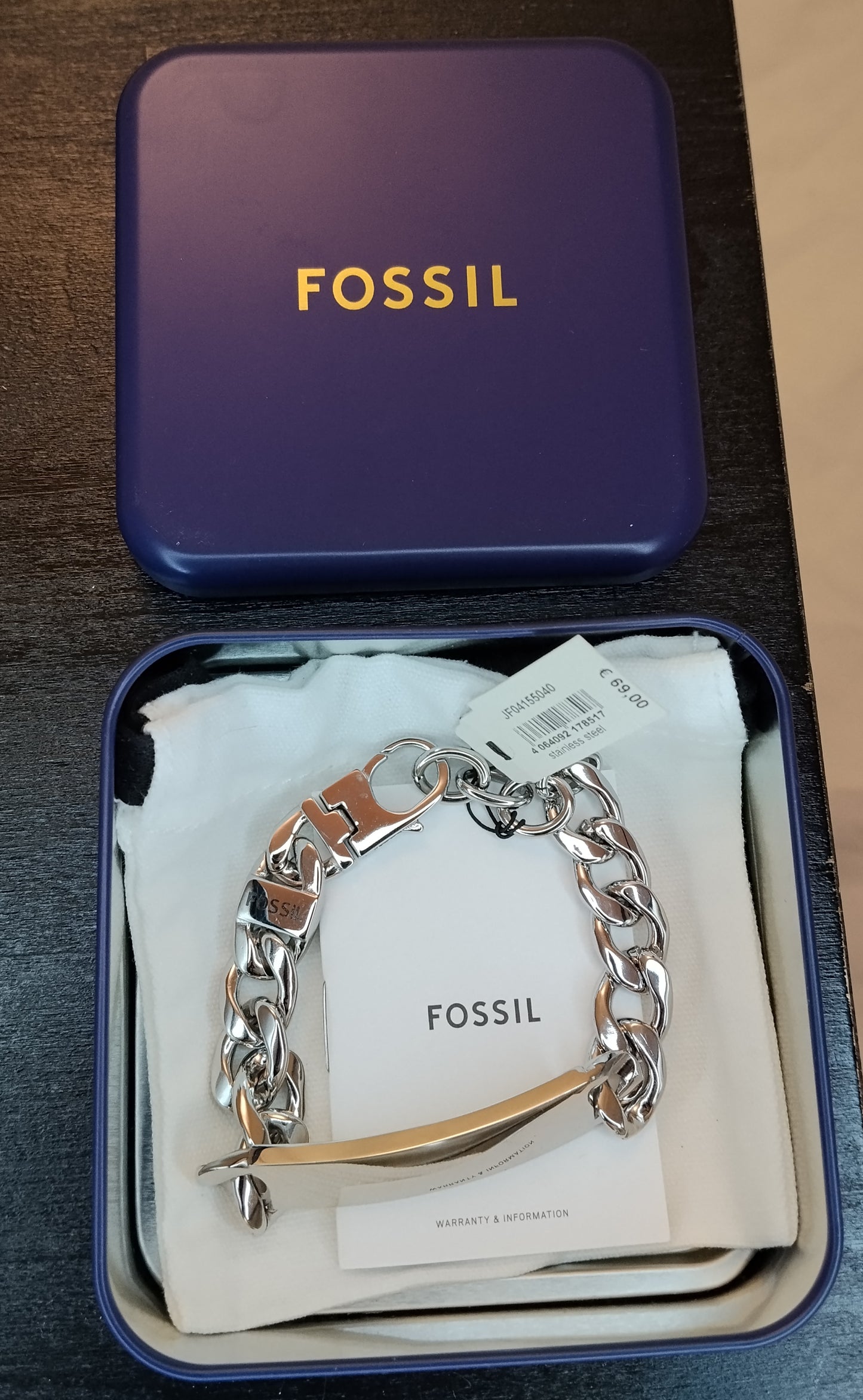 Fossil Bracciale Uomo Acciaio con Piastra e Catena Lunghezza 23 cm con Scatola
