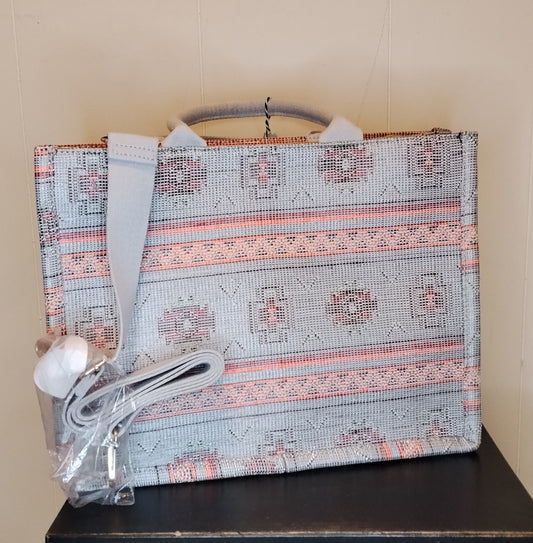 Borsa Donna Fantasia Etnica Bianco Rosa con Tracolla Casual Capiente