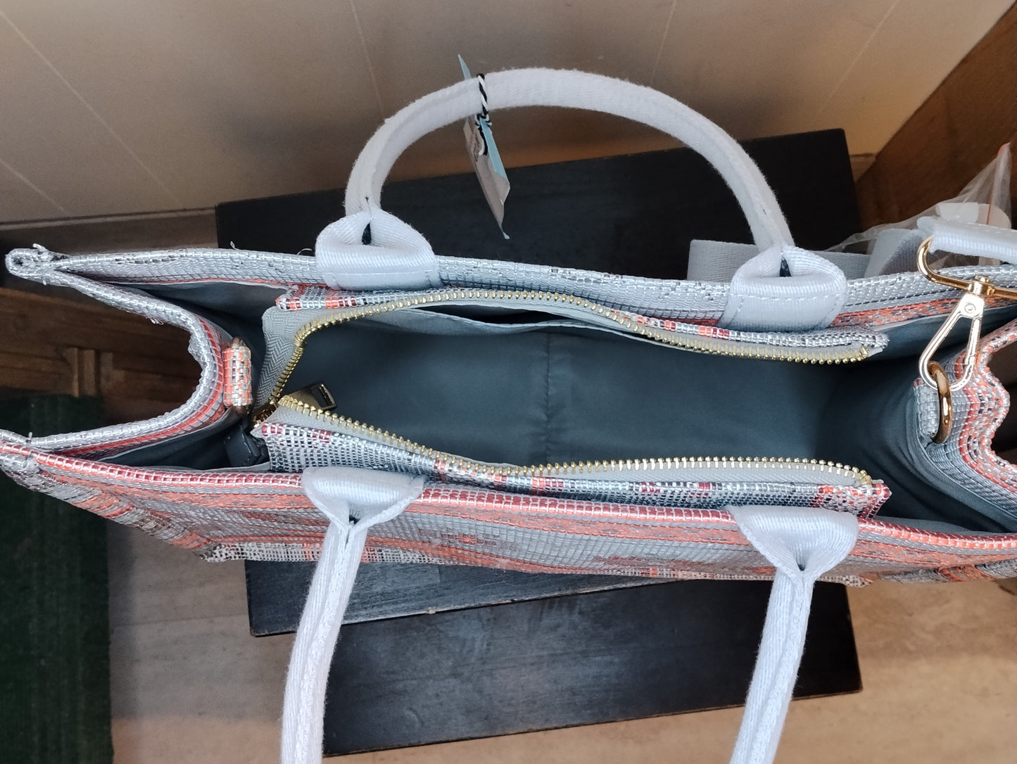 Borsa Donna Fantasia Etnica Bianco Rosa con Tracolla Casual Capiente