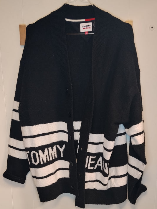 Cardigan Donna Tommy Jeans Nero Bianco Oversize Logo Taglia XS