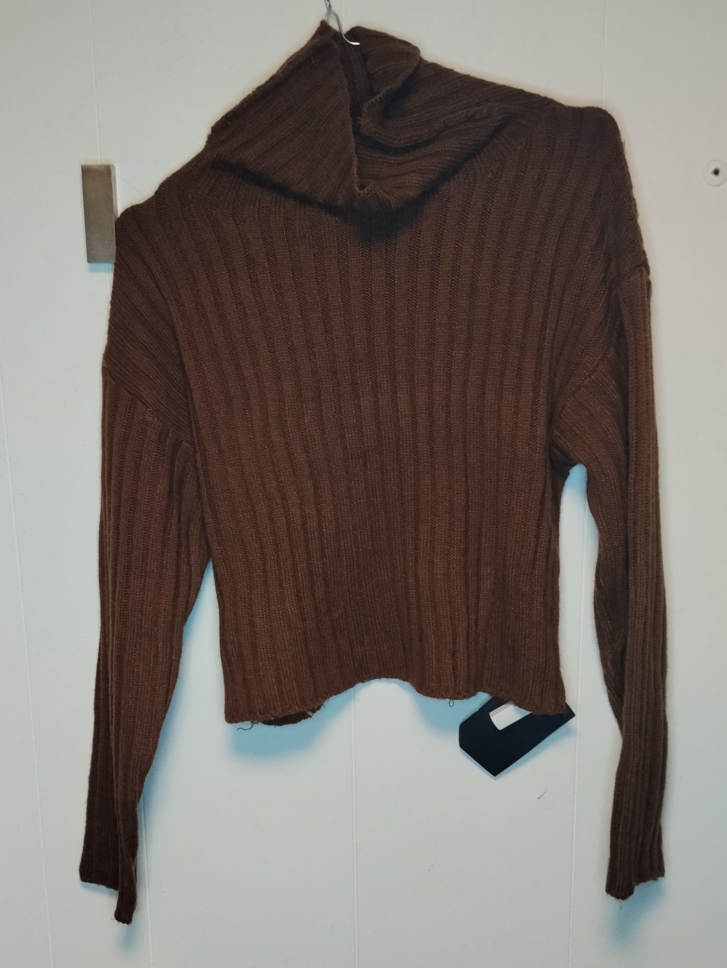 Maglione Donna Marrone Cropped Coste Collo Alto Taglia S