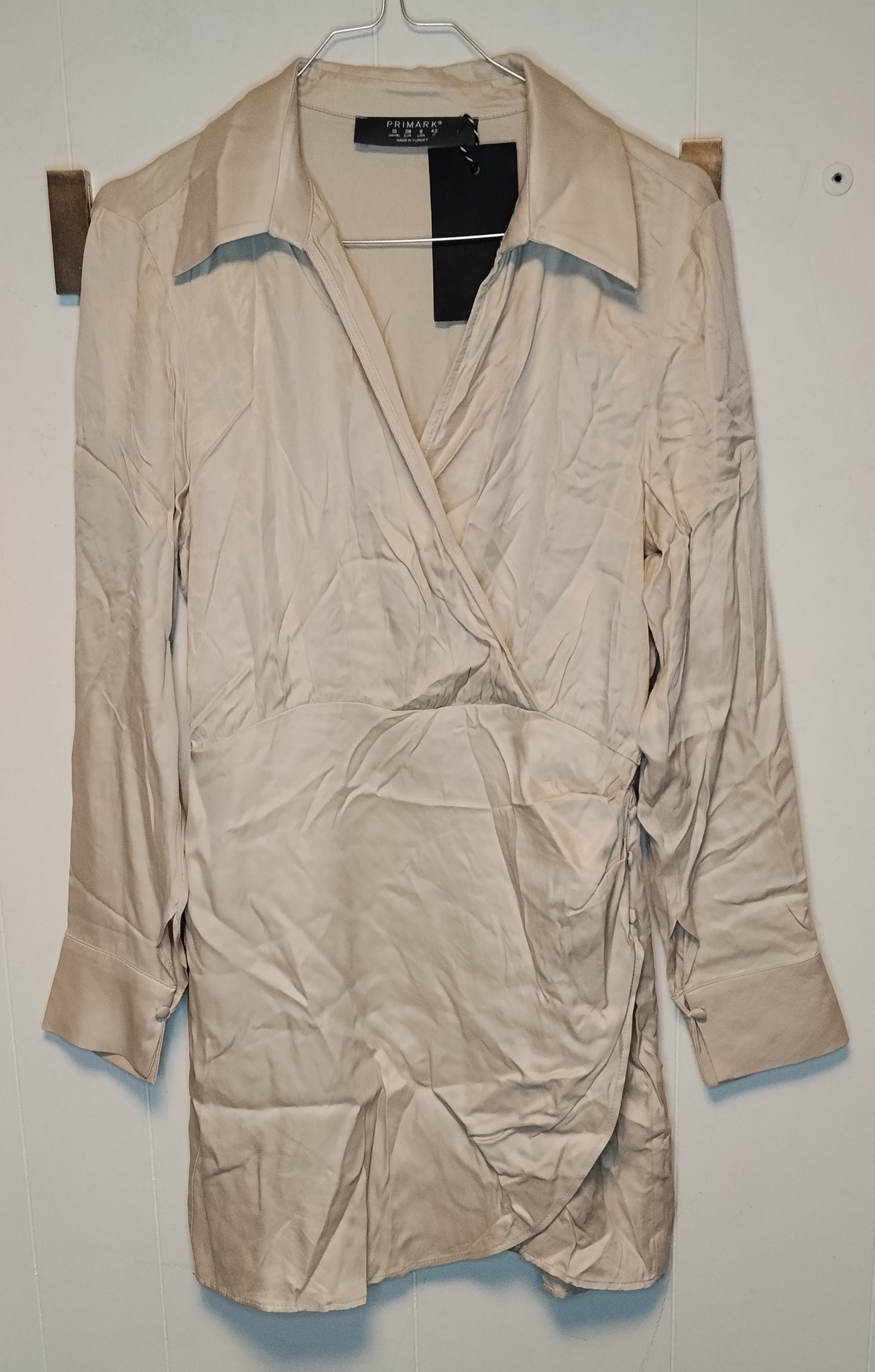 Blusa abito beige in raso Primark donna taglia 42 elegante effetto satin con incrocio