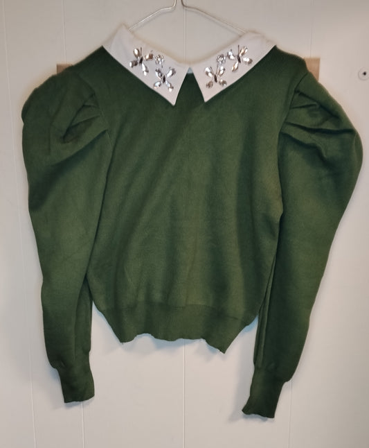 Maglioncino Verde Donna Taglia S – Colletto Gioiello Elegante con Maniche a Sbuffo