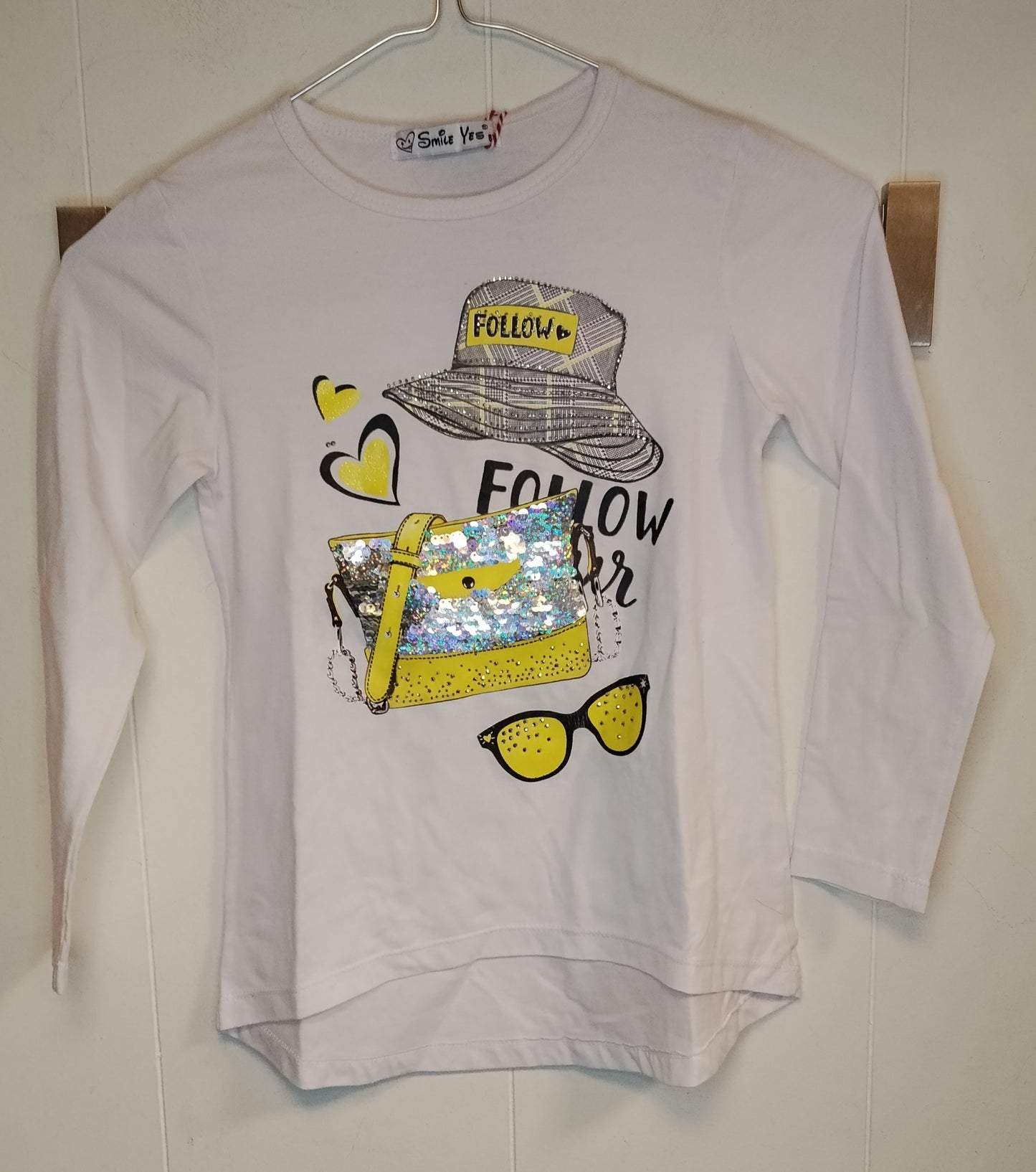 Maglia bambina Smile Yes bianca 8 anni manica lunga stampa paillettes borsa cappello