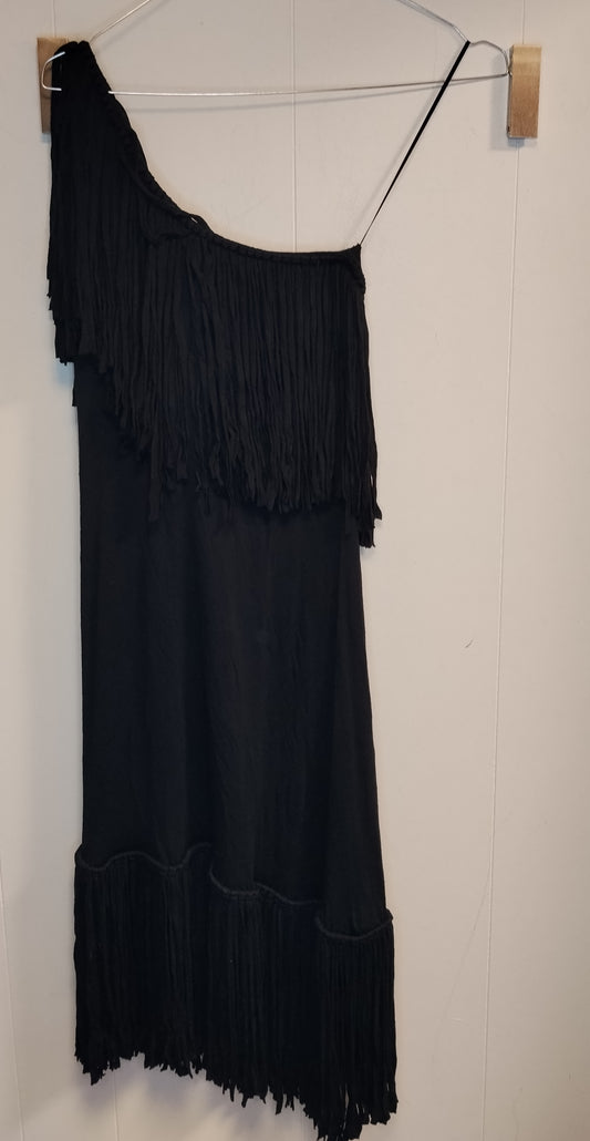 Vestito nero monospalla donna taglia M con frange abito elegante sera