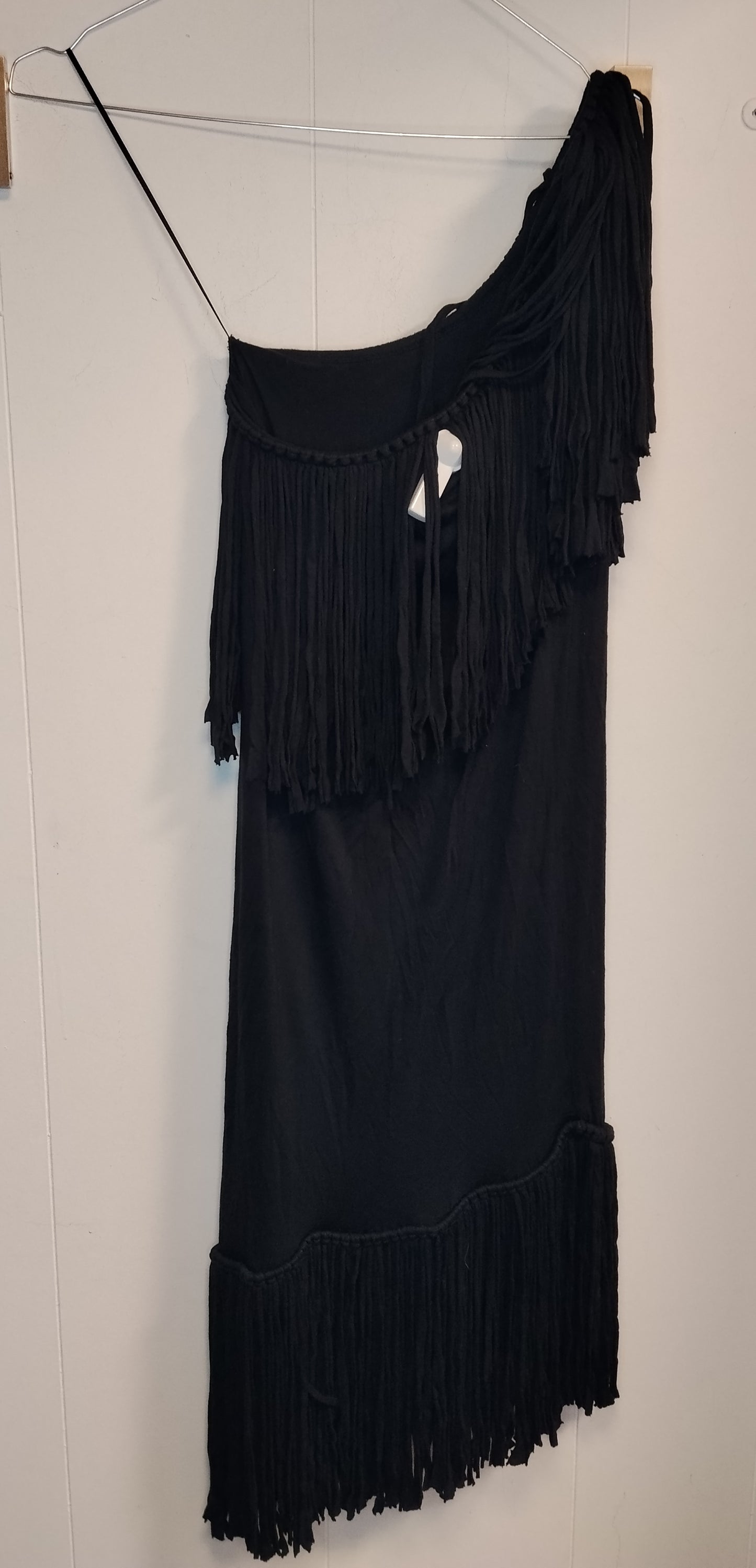 Vestito nero monospalla donna taglia M con frange abito elegante sera