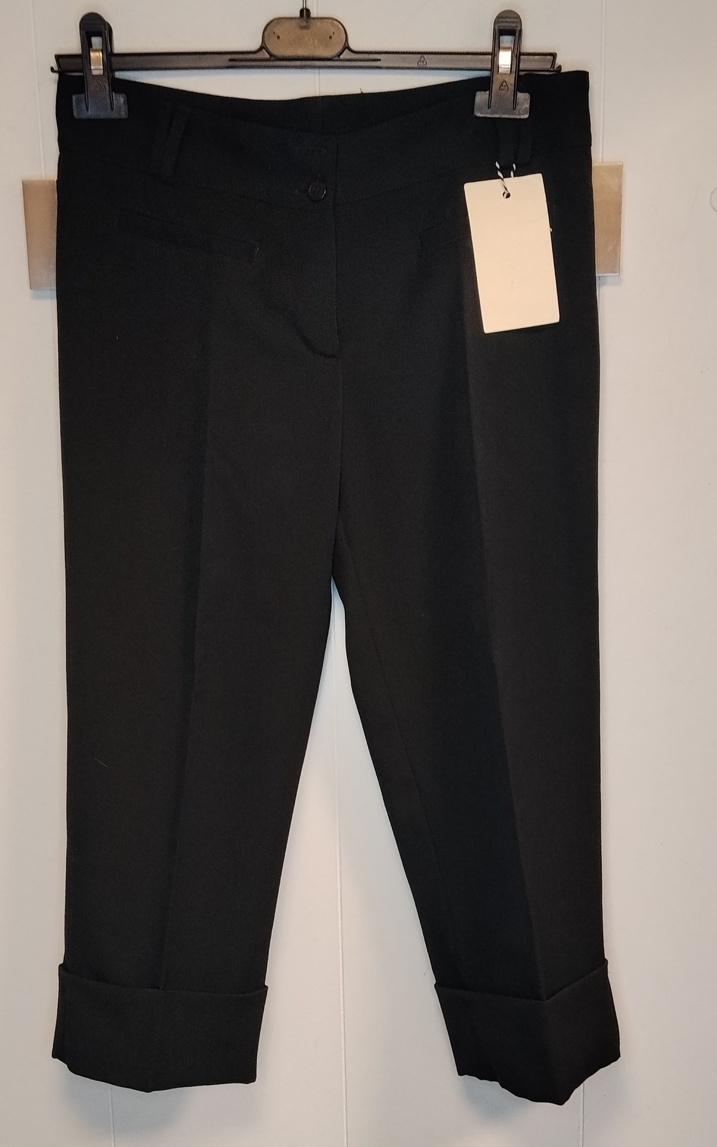 Pantaloni Donna Neri Eleganti Capri Taglia 42 Risvolto