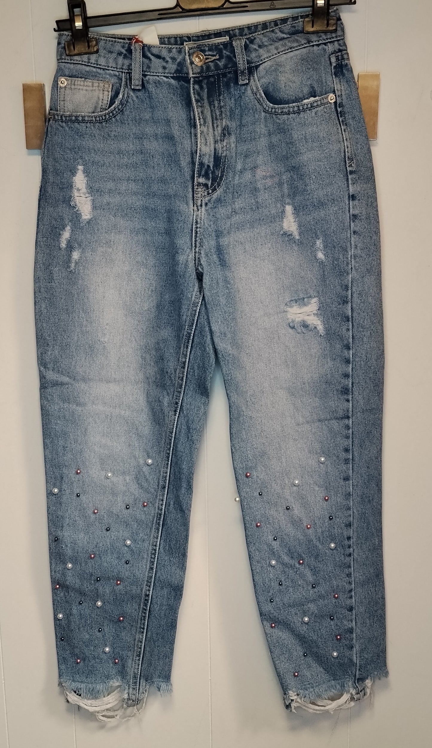 Jeans Donna Pimkie Denim Chiaro Strappati con Perline Taglia 38 Mom Fit Vintage Y2K Ottime Condizioni