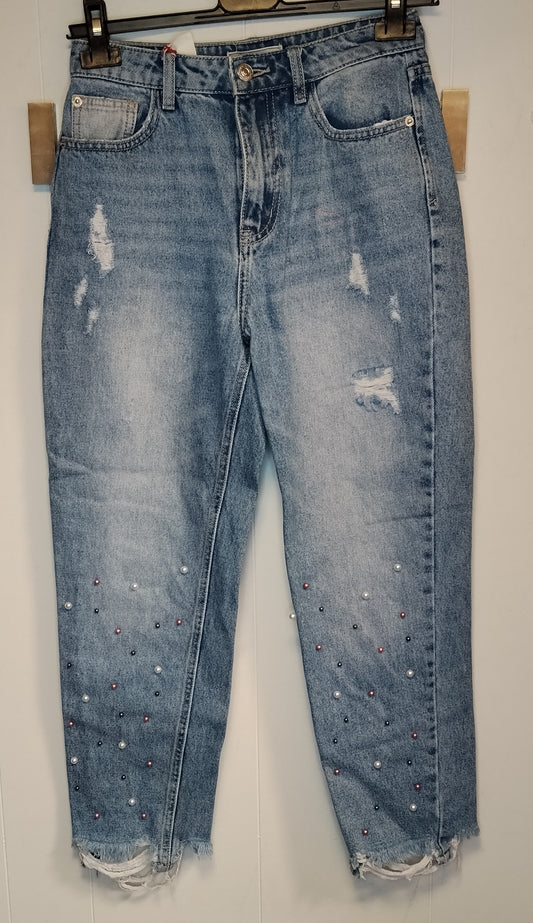 Jeans Donna Pimkie Denim Chiaro Strappati con Perline Taglia 38 Mom Fit Vintage Y2K Ottime Condizioni
