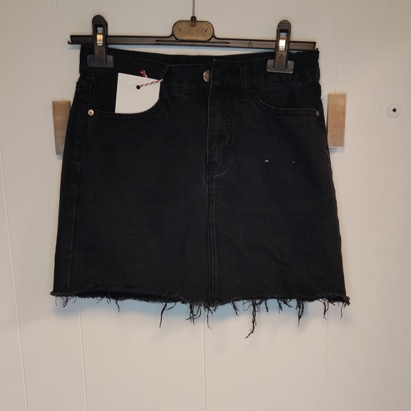 Gonna Donna Nera Denim Taglia 40 Mini Skirt Sfrangiata Vita Alta