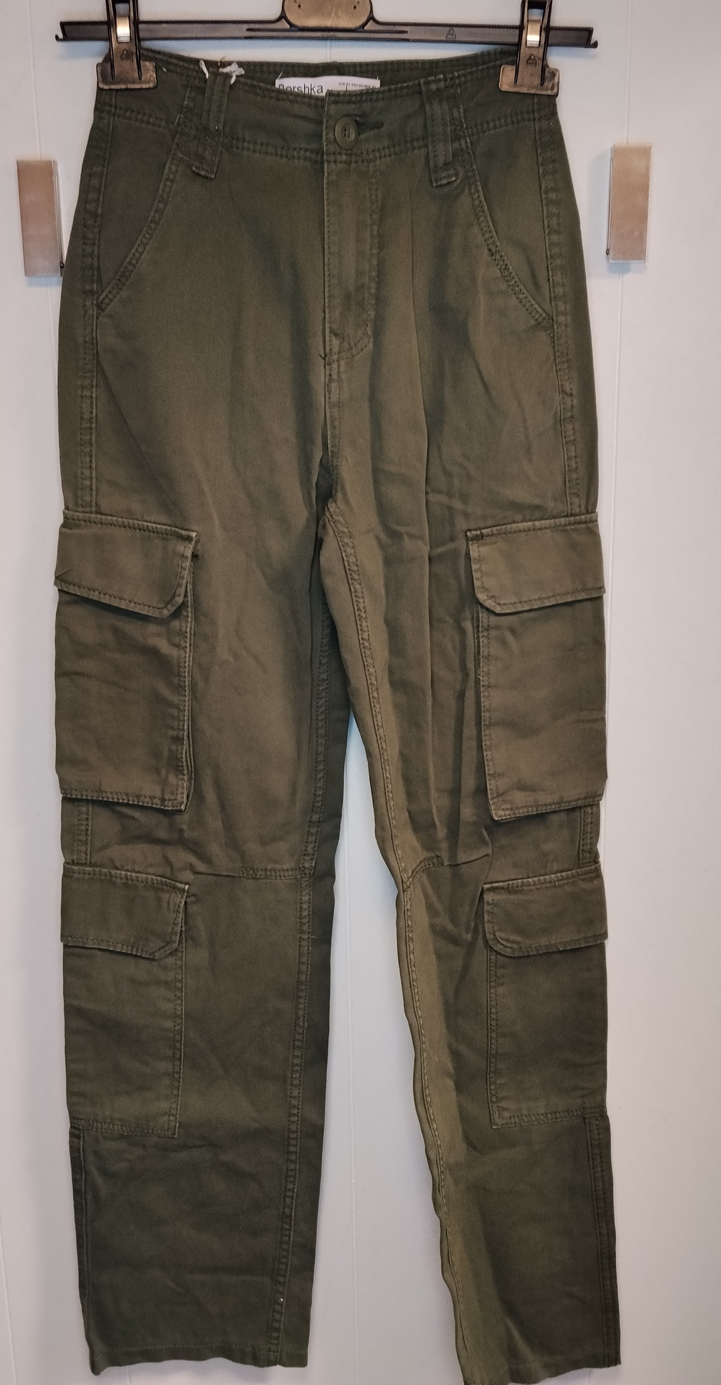 Pantaloni Cargo Donna Bershka Taglia 36 Verde Militare Tasche Utility