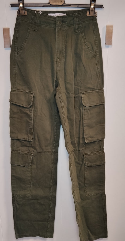 Pantaloni Cargo Donna Bershka Taglia 36 Verde Militare Tasche Utility