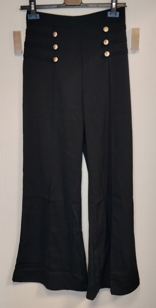 Pantaloni Donna Palazzo Nero Vita Alta Bottoni Oro Eleganti Taglia S