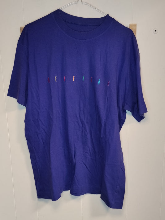 T-shirt Benetton Uomo Taglia L Blu Viola Logo Multicolor Casual Basic