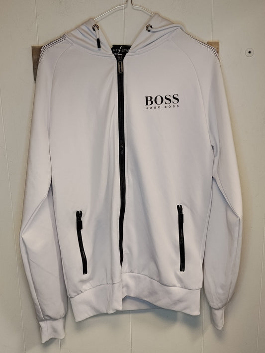 Felpa Hugo Boss Uomo Taglia L Bianca Zip Cappuccio Logo Frontale Sportiva