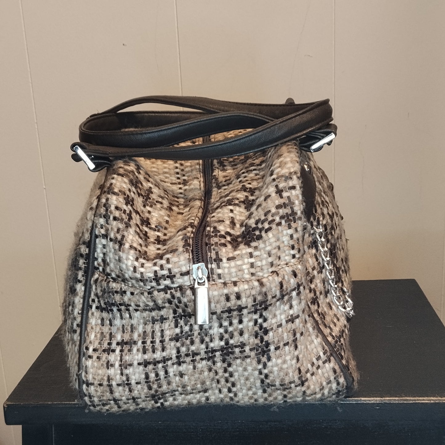 Borsa Donna Tweed Fantasia con Dettagli Ecopelle Stile Vintage