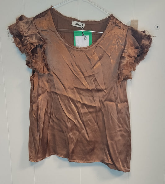 Blusa Donna Dixie Satinata Marrone Taglia L Maniche Volant