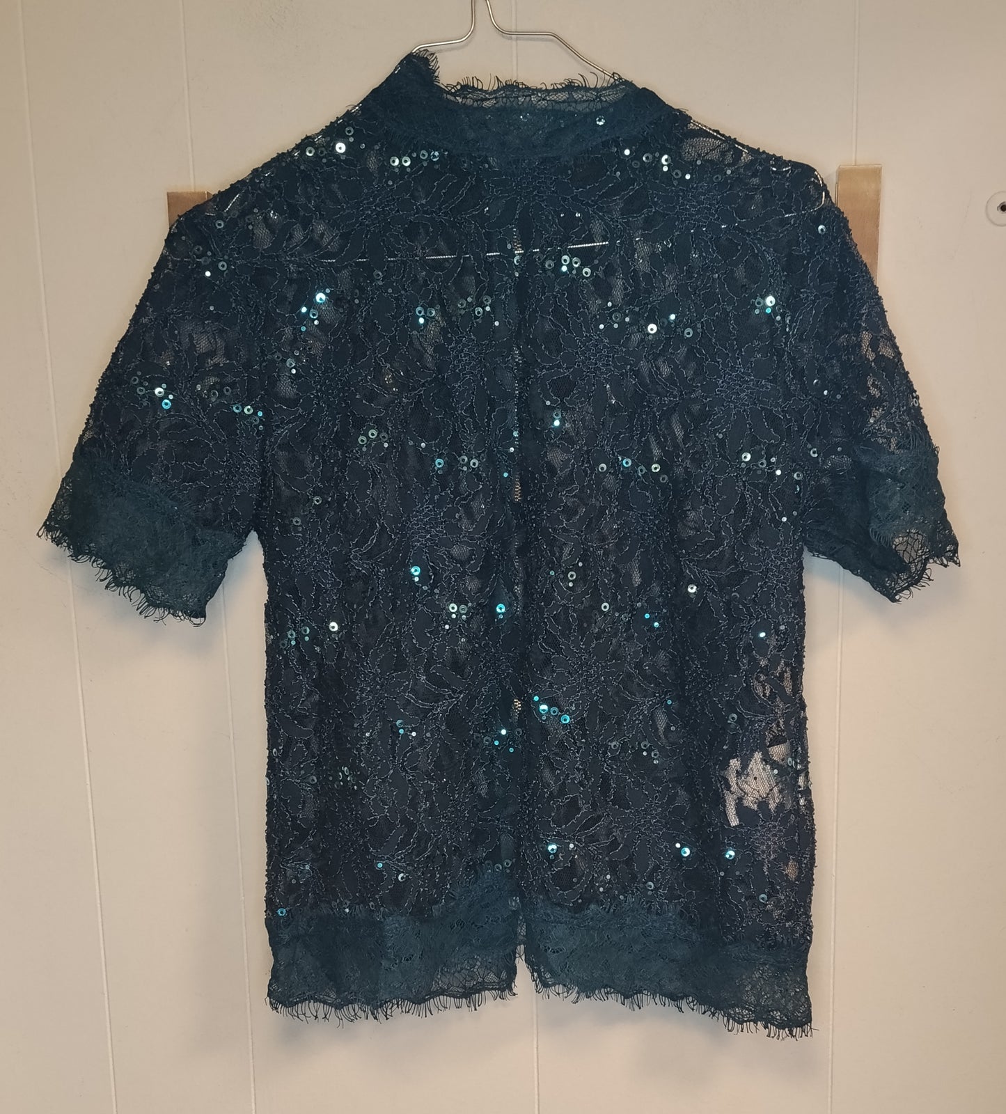 Top Nuna Lie donna taglia L verde petrolio in pizzo con paillettes