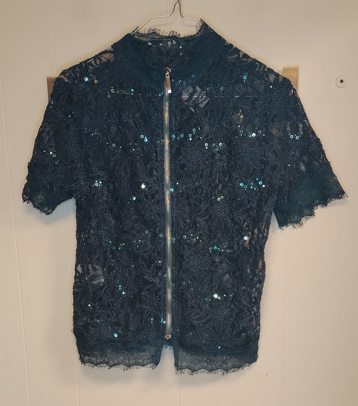 Top Nuna Lie donna taglia L verde petrolio in pizzo con paillettes