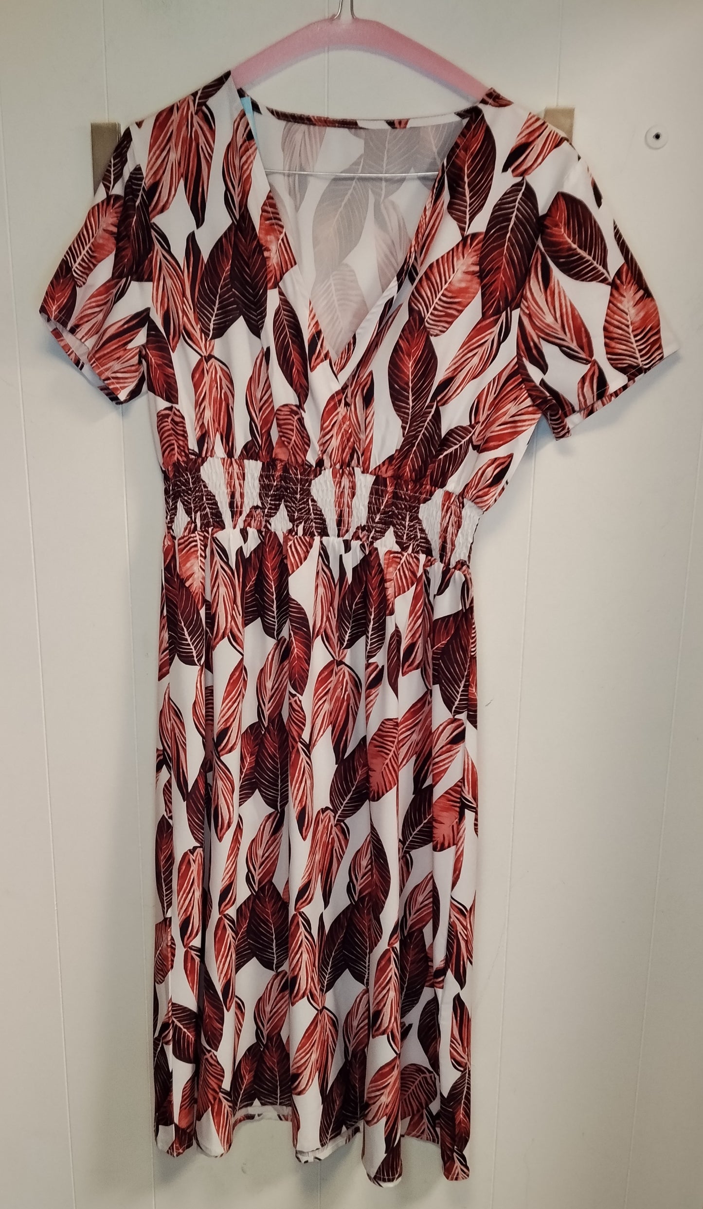 Vestito Donna Fantasia Foglie Rosse Midi Taglia M Scollo Incrociato