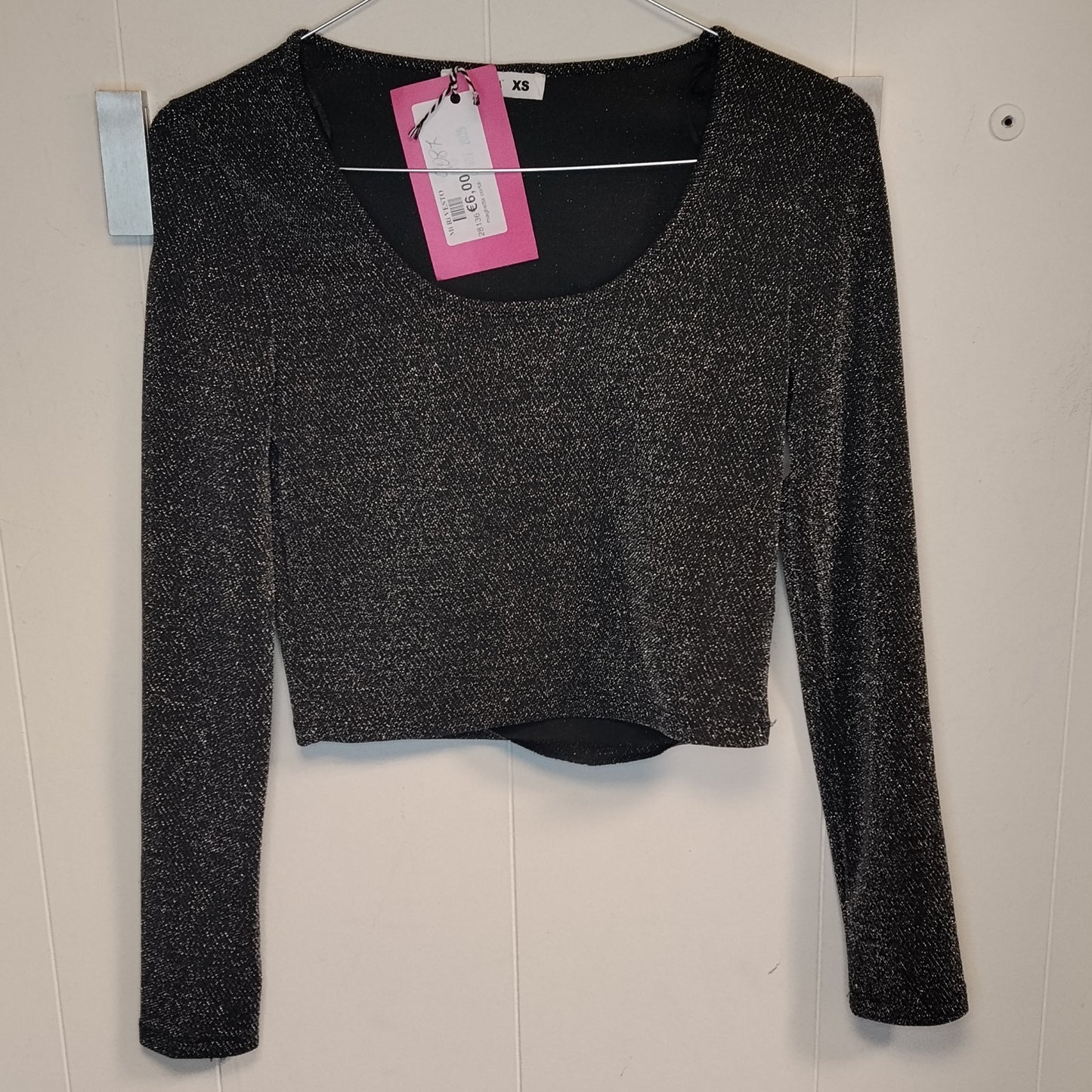 Top Donna Terranova Nero Lurex Crop Manica Lunga Taglia XS