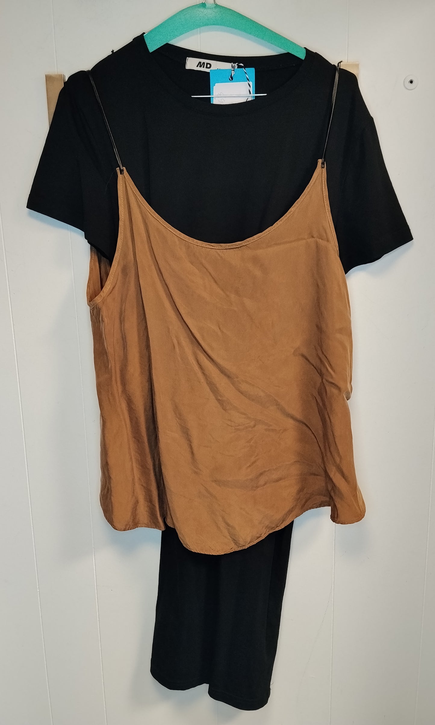 Vestito Donna MD Nero con Top Satin Camel Effetto Doppio Taglia L