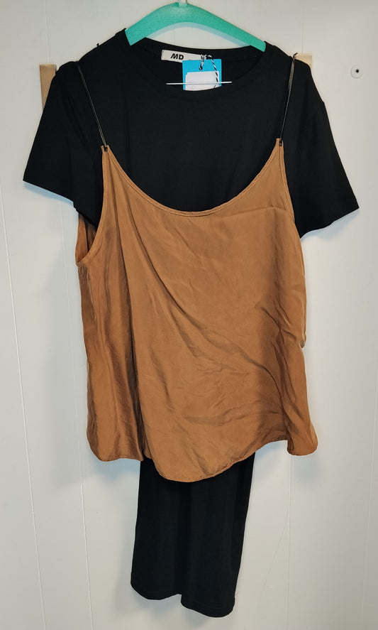 Vestito Donna MD Nero con Top Satin Camel Effetto Doppio Taglia L