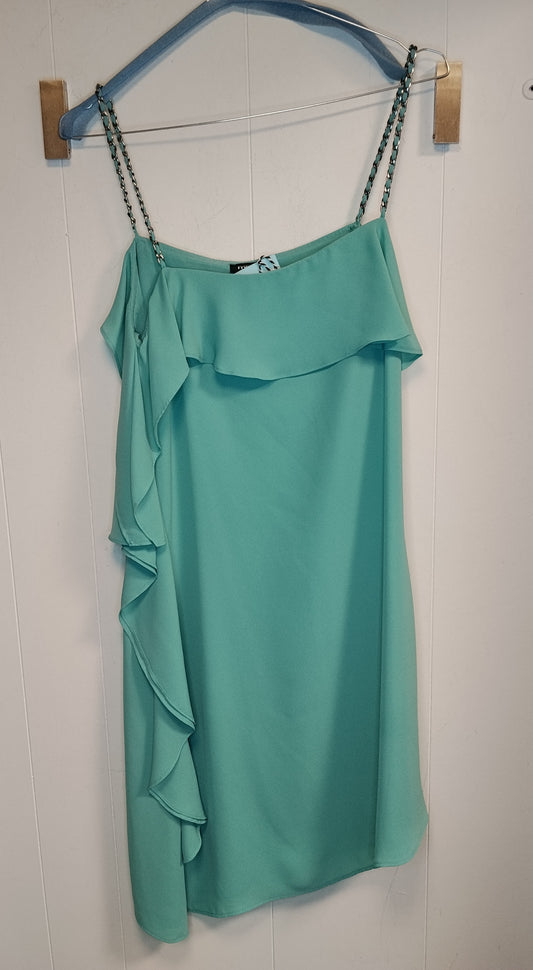 Vestito Donna Motivi Verde Acqua con Volant e Spalline Catena Taglia M