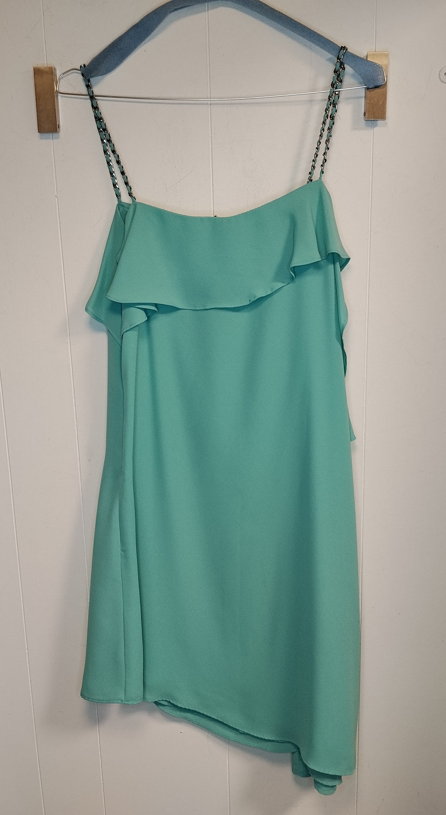 Vestito Donna Motivi Verde Acqua con Volant e Spalline Catena Taglia M