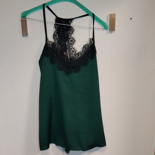 Top Lingerie Donna Verde Satinato con Pizzo Nero Taglia M