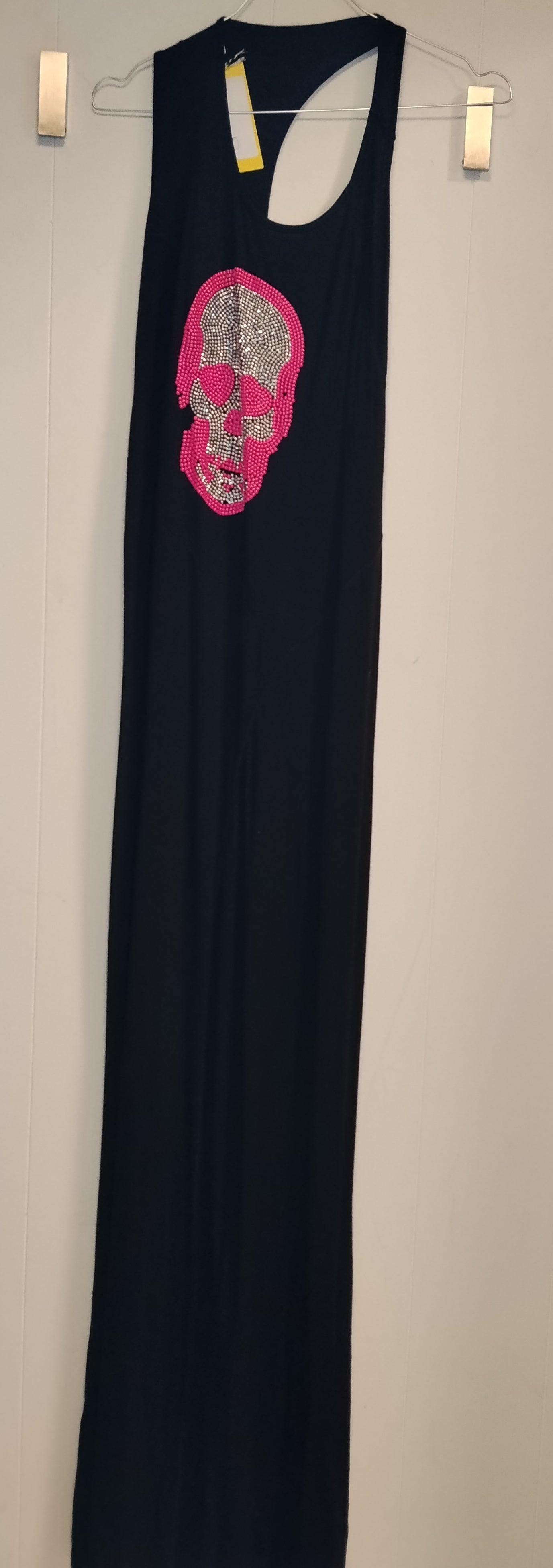 Vestito Lungo Denny Rose Nero con Teschio Strass Fucsia Taglia S