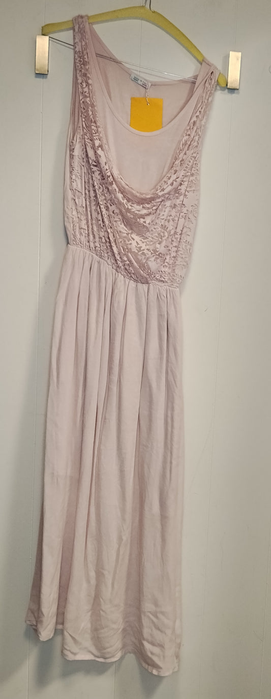 Vestito Lungo Donna Rosa Cipria con Pizzo e Scollo Morbido Taglia L