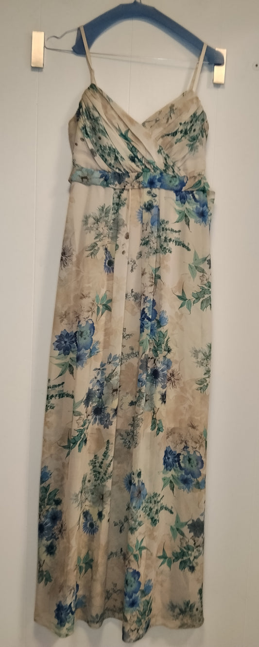Vestito Lungo Rinascimento Fantasia Floreale Beige e Blu Taglia M
